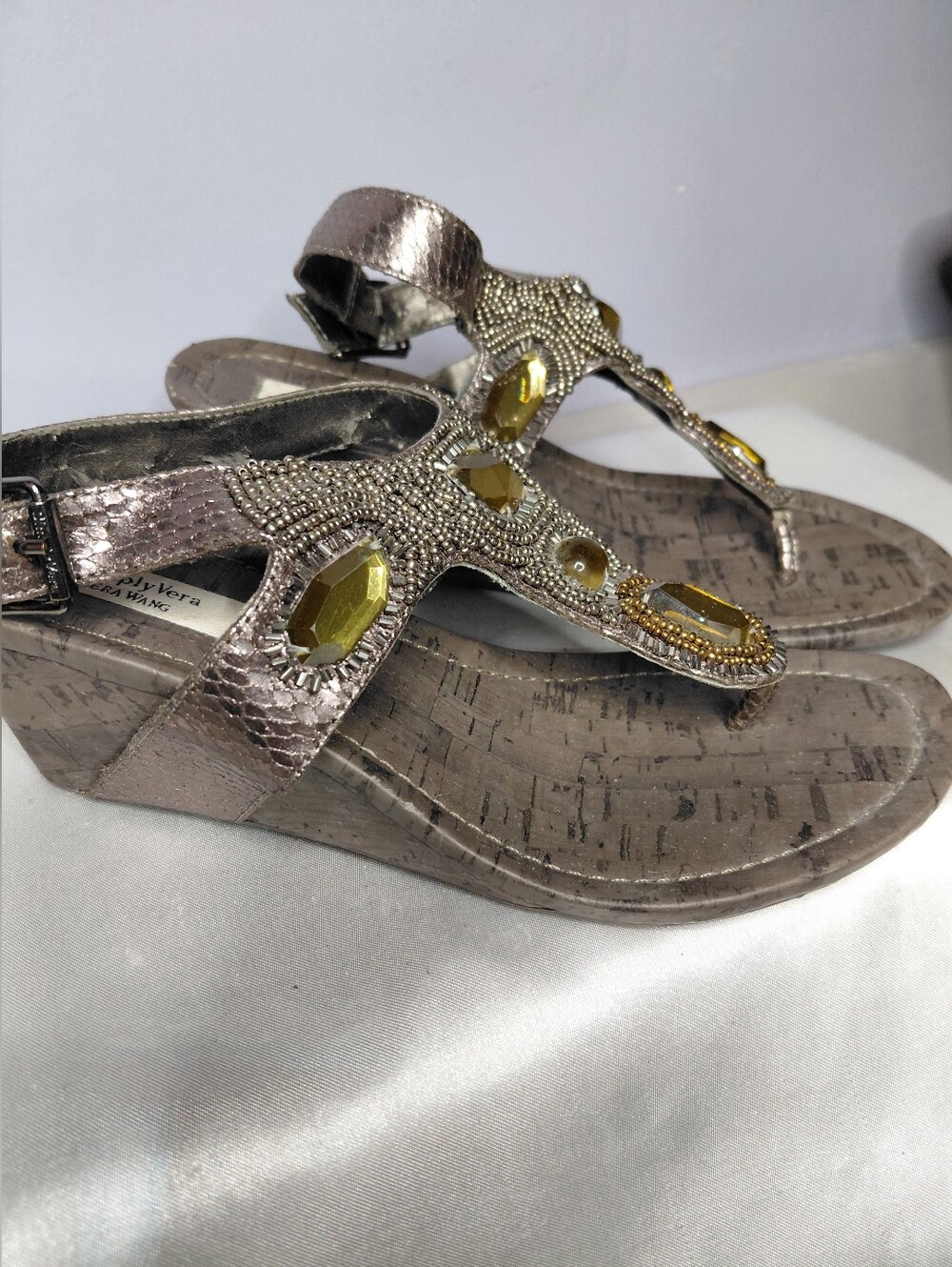 Vera Wang WEDGE Metallic Brown Sandals with Gold Gem Accents
